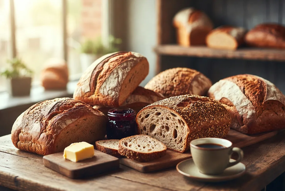 Rustic spread of fresh artisan sourdough loaves with butter, jam and coffee on a wooden table