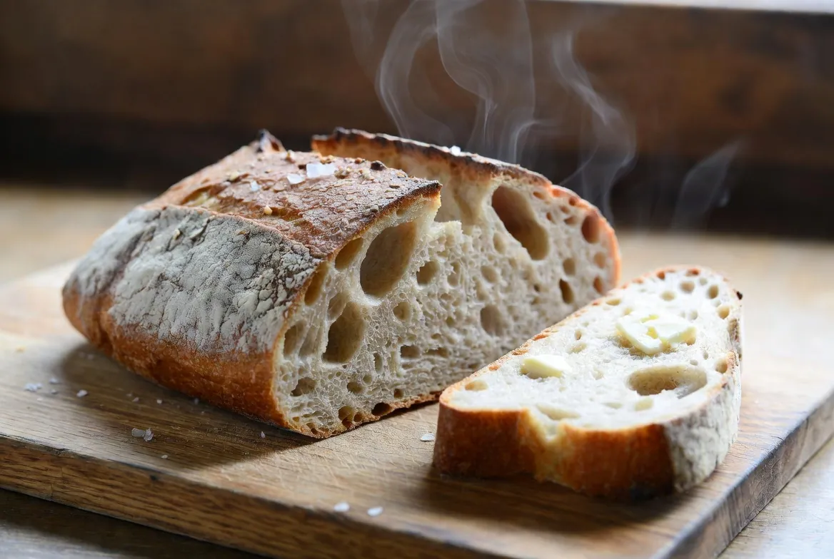 Freshly sliced crusty sourdough loaf with butter and flaky sea salt on a wooden board, steam rising