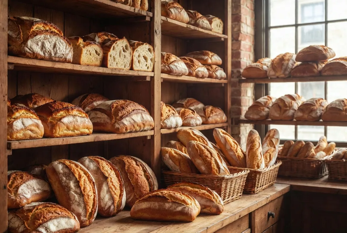 Traditional independent bakery interior with wooden shelves stacked full of fresh artisan loaves